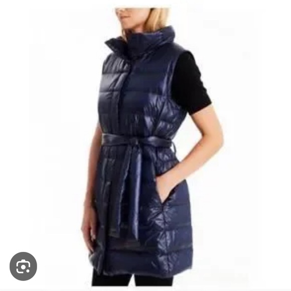 Tumi PAX belted navy blue down filled winter coat jacket Sz. Medium - Picture 3 of 16